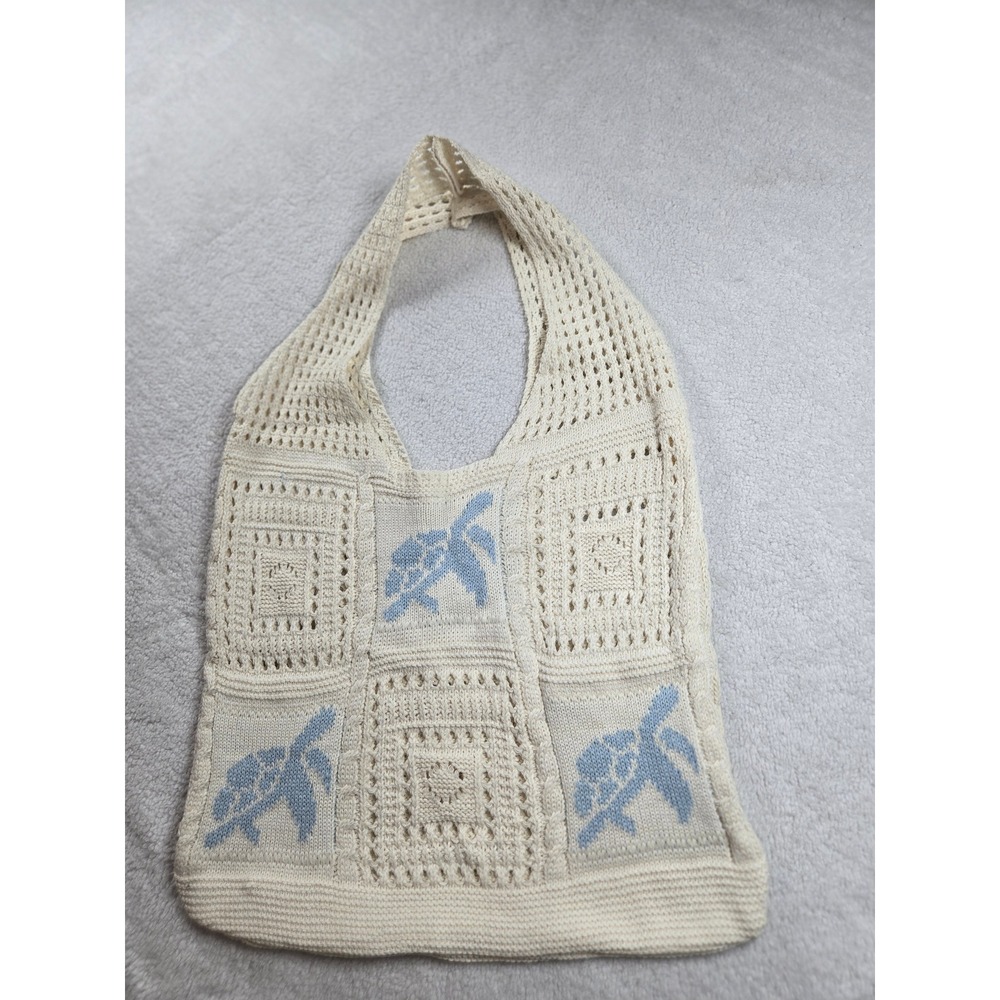 Crochet Knit Sea Turtle Patchwork Tote Bag Cream Blue Boho Beach Hobo Bag